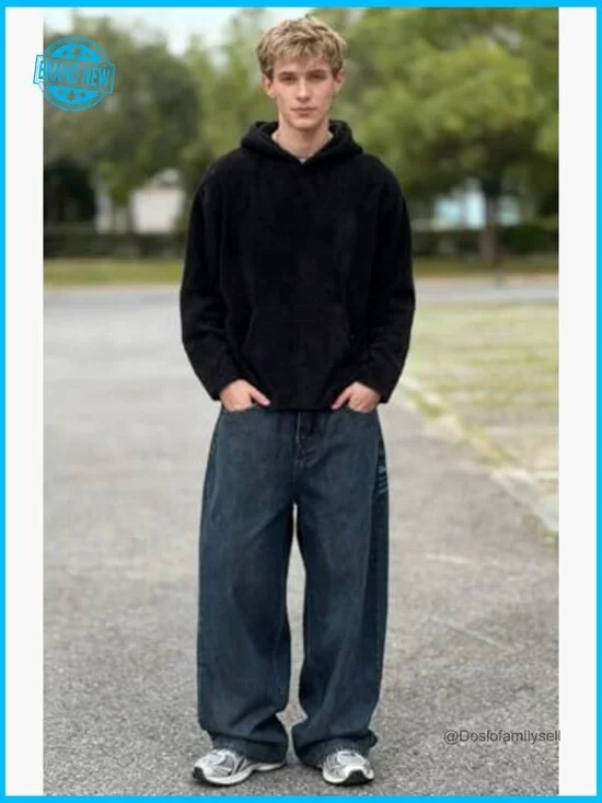 Unisex Y2K Graphic Print Baggy Jeans High Waist Wide Leg Streetwear Denim - Picture 4 of 7